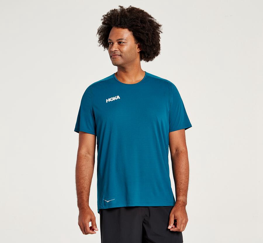 Hoka Australia One One Performance Short Sleeve - Mens Tops Blue - FGQIH-3694